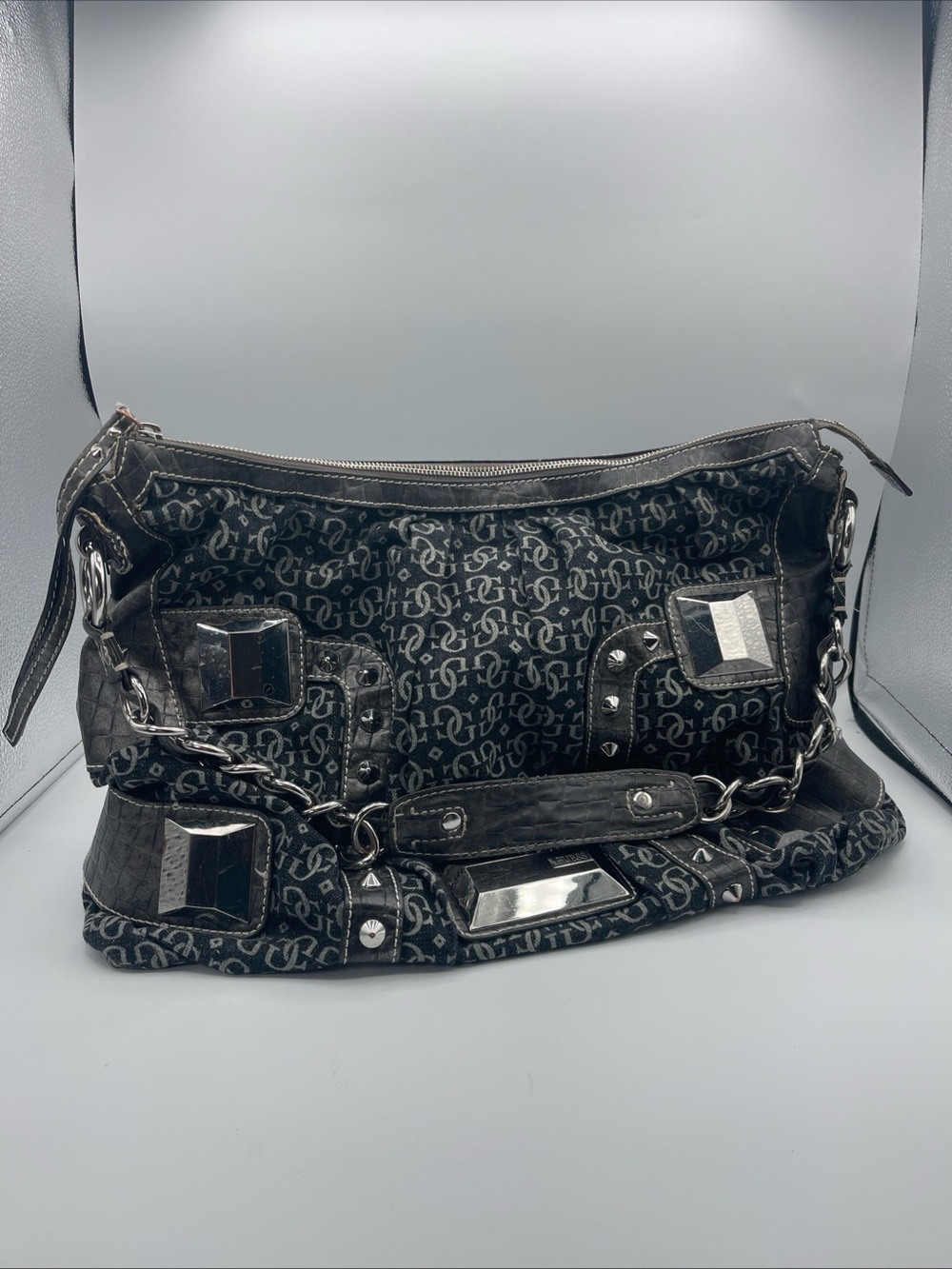 Vintage Y2K Guess Monogram Studded Chain Shoulder Bag Black Grunge McBling